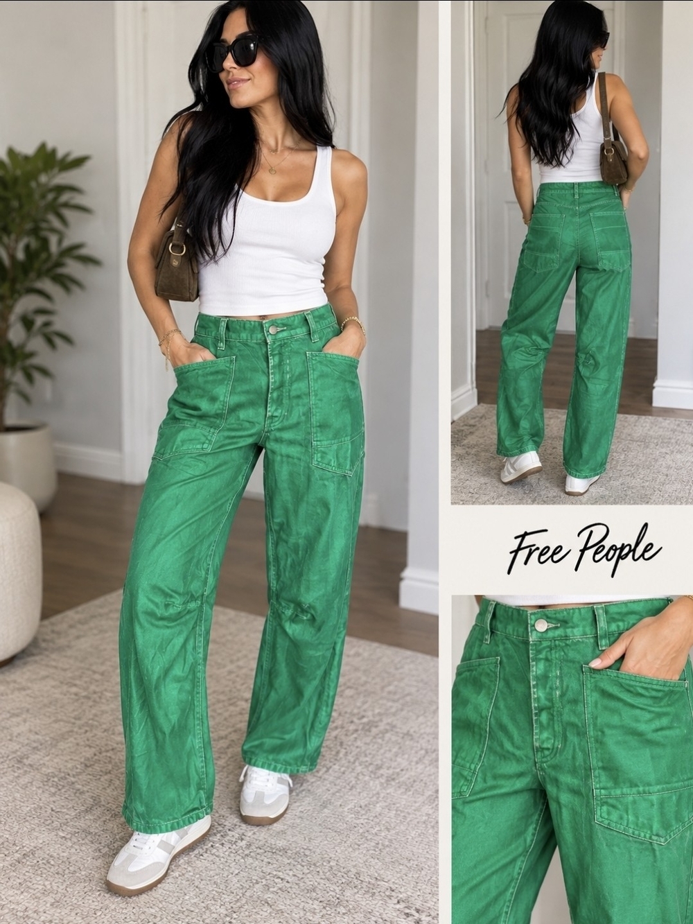 Free People Green High-Rise Wide-Leg Utility Pants